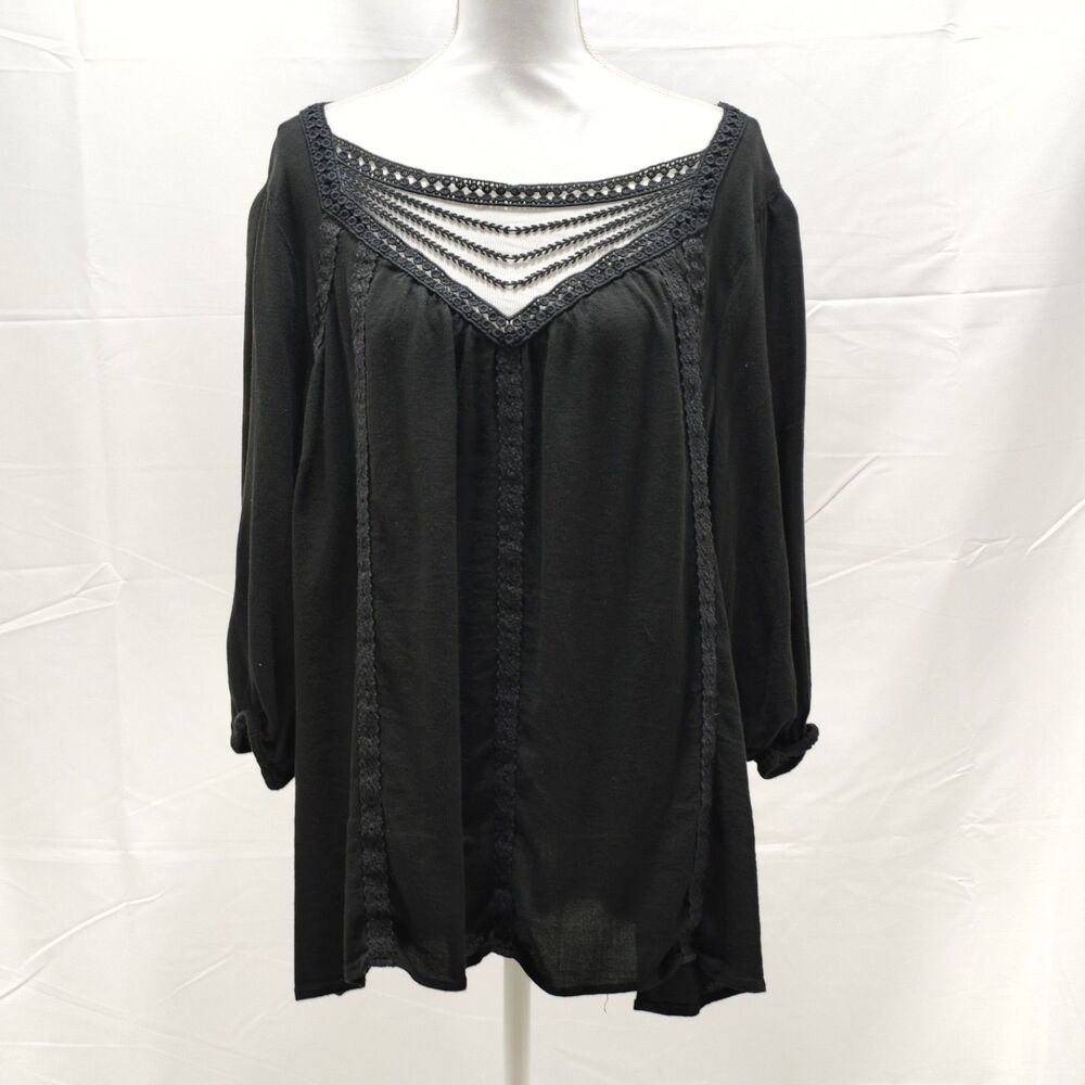 Torrid Womens 2 2X Black Crochet Lace Mesh Neck 3/4 Sleeve Gothic Peasant Blouse